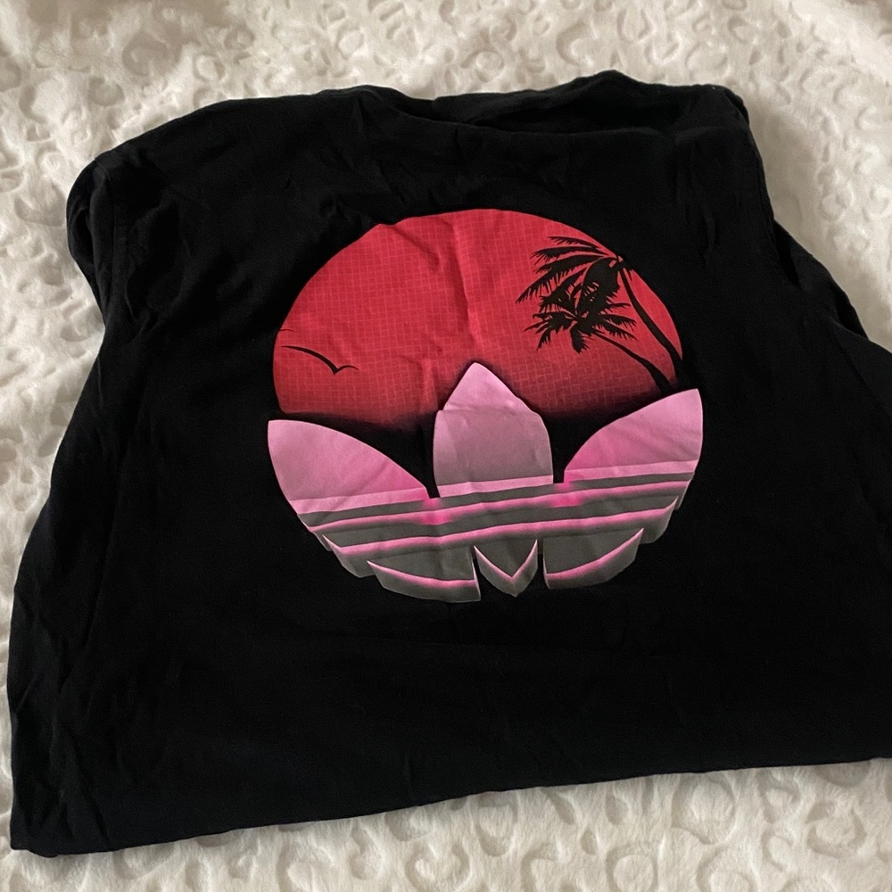 Adidas Black Tee with Pink and Red Sunset Graphic